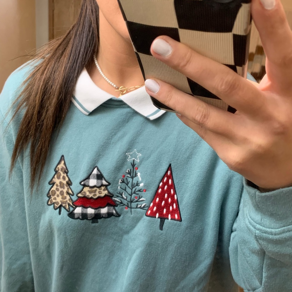 Teal Sweatshirt with Festive Tree Embroidery
